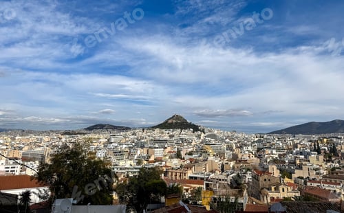 Preview: Athens cityscape and Mount Lycabettus, view from Acropolis hill in Greece, blue sky