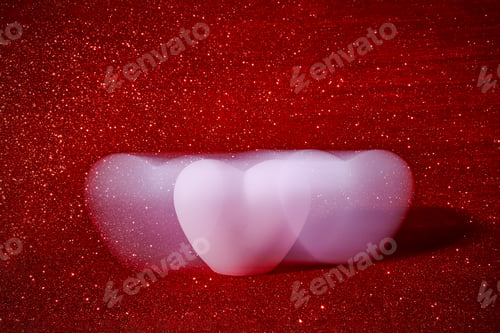 Preview: Abstract defocused pink heart, making with long exposition on red glittering background.