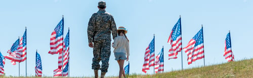 Preview: panoramic shot of father in military uniform holding hands with daughter near american flags