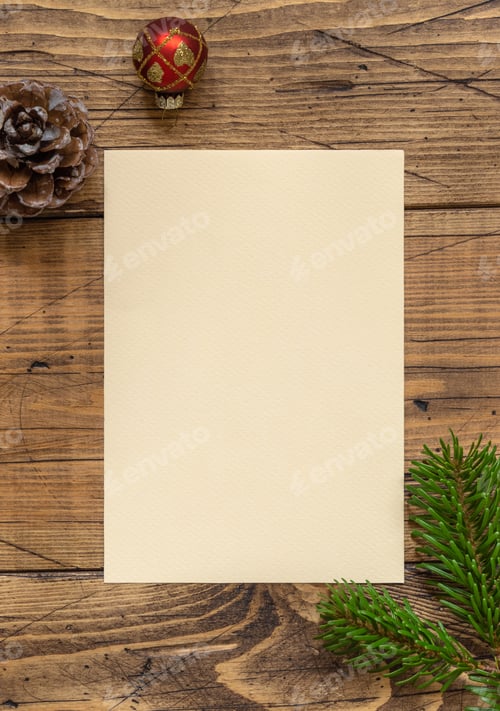 Preview: Christmas Composition with a blank card over wooden table flat lay