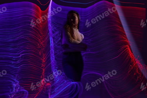 Preview: Portrait of a charming lady disco neon lines luxury fashion color background unaltered