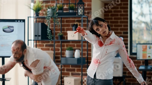 Preview: Dangerous scary zombies chasing afraid person in office.