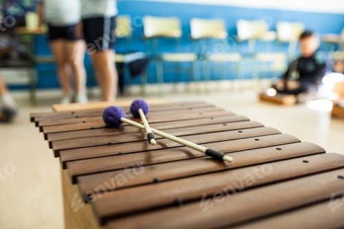 Preview: xylophone and drumsticks in a music class with children