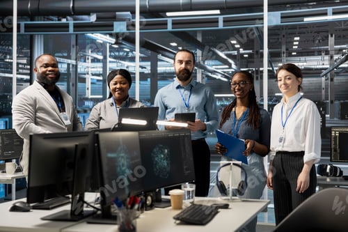 Preview: Portrait of smiling engineering team working in server farm, analyzing data