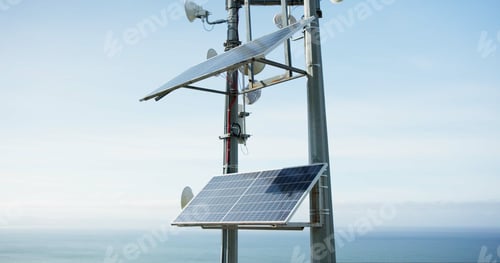 Preview: Solar panel, energy and roof with ocean, sky and horizon with sustainability, power or off grid dev