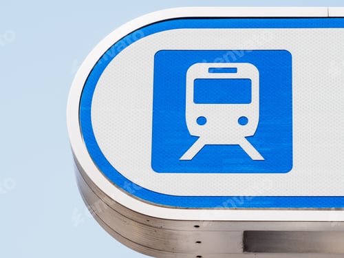Preview: Closeup shot of a blue public train transportation symbol on a white background