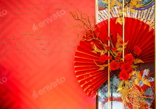 Preview: Oriental background for Chinese New Year party celebration in restaurant. Red gold color