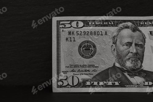 Preview: Selective focus on the detail of 50 dollars banknote