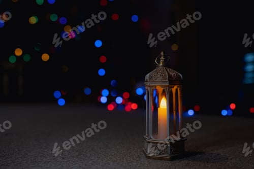 Preview: Islamic Lantern lighting with blurry bokeh light background.Eid decorative traditional Arabic lamp