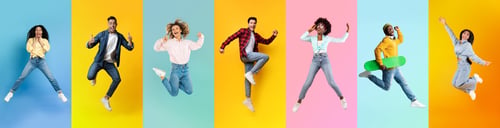 Preview: Diverse Positive Excited Young People Jumping On Colorful Backgrounds, Collage