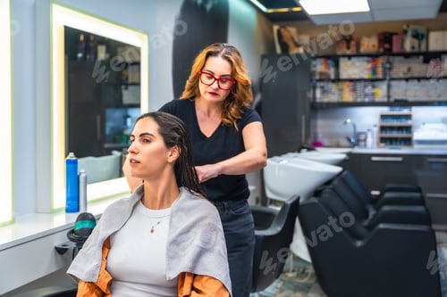 Preview: Woman Getting Hair Styled at Salon Indoors