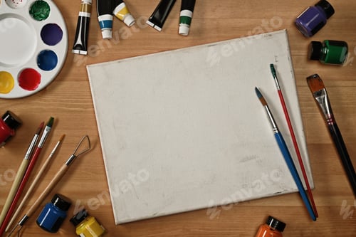 Preview: Empty canvas paint brushes, tube paint, watercolor and palette on wooden table.