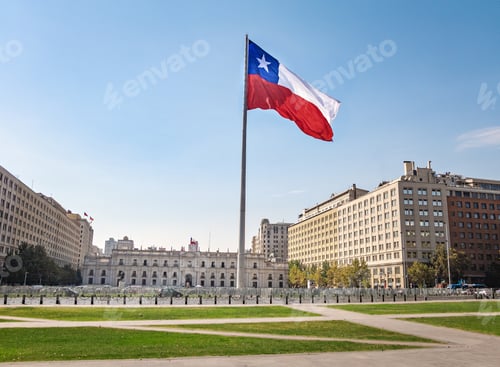 Preview: La Moneda Palace and Bicentenario Chilean Flag - Santiago, Chile