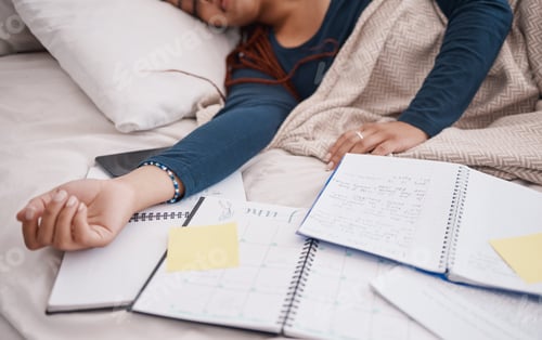 Preview: Calendar, time management and student sleeping in bed for studying education, learning knowledge an