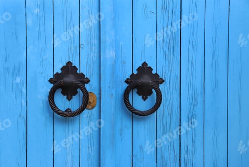 Preview: Blue wooden door with round handles
