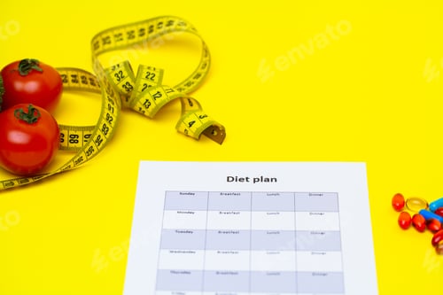 Preview: Diet plan and weight loss pills on a yellow background