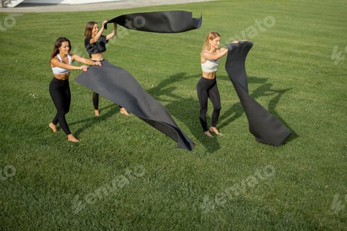Preview: Girlfriends putting fitness mats on green meadow