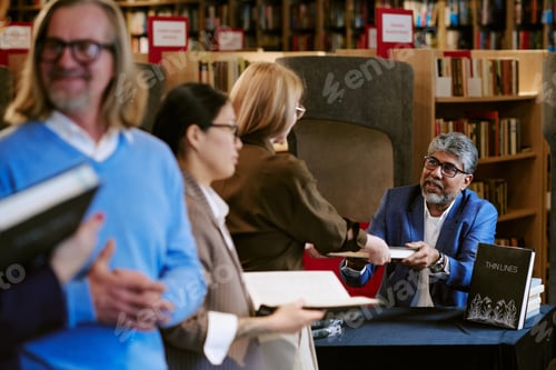 Preview: Middle Aged South Asian Man Signing Book for Caucasian Woman at Presentation