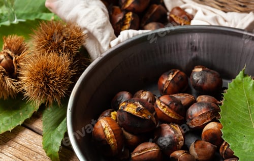 Preview: Roasted chestnuts in iron skillet