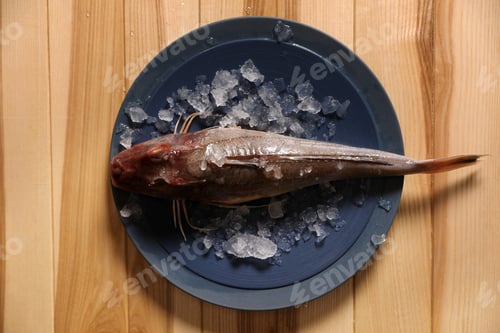 Preview: Fresh raw fish with ice on wooden table, top view