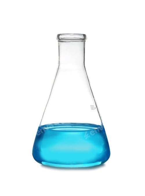 Preview: Conical flask with liquid on table against white background. Laboratory analysis