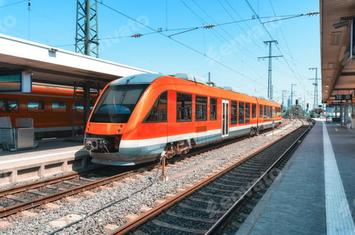Preview: High speed red train on the railway station