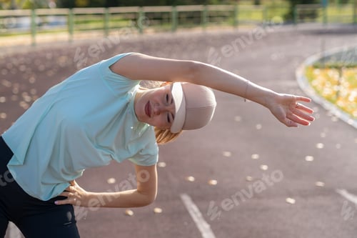 Preview: A young beautiful woman in sportswear plays sports at a local stadium