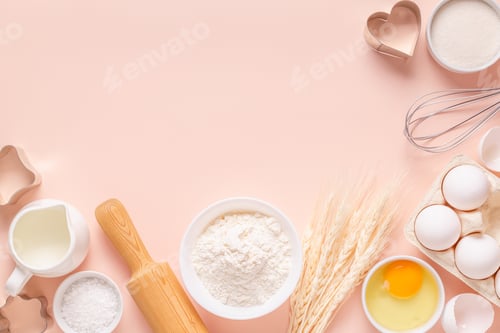 Preview: Ingredients for baking on light pink background.