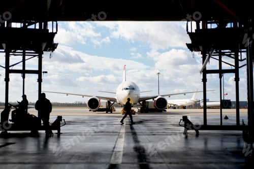Preview: Silhouetted figures work around an aircraft inside a hangar, with clear skies in the background.