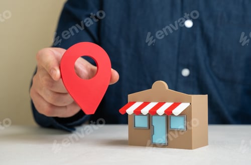 Preview: A man holds a geolocation pin near a store. Convenient location and high customer traffic.