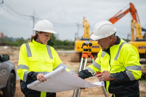 Preview: The survey team is using a theodolite and road construction plans.