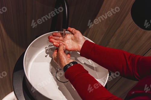 Preview: An elderly woman washes her hands with clean water.