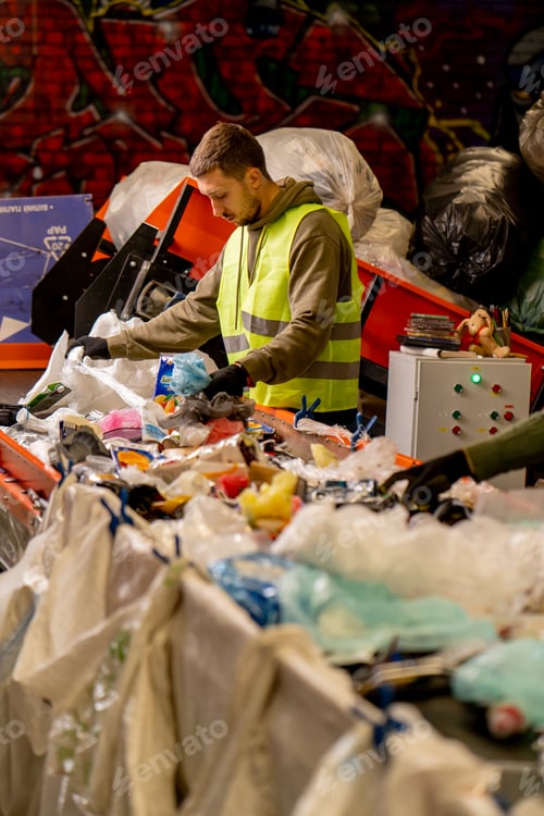 Preview: sorter in gloves and a protective vest who sorts garbage on a special sorting line
