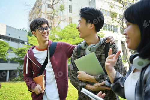 Preview: Group of cheerful college students talking to each other while going to lecture at the university.