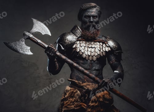 Preview: Evil soldier with scorched skin standing and holding his axe