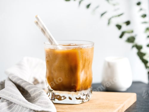 Preview: Refreshing iced latte coffee in a glass with straws in a modern kitchen.