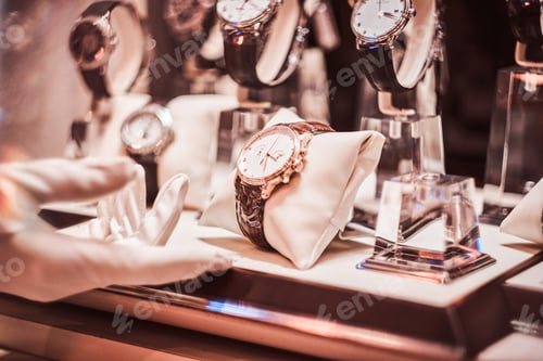 Preview: Close-up of the seller's hand in gloves shows the exclusive men's watch from the new collection