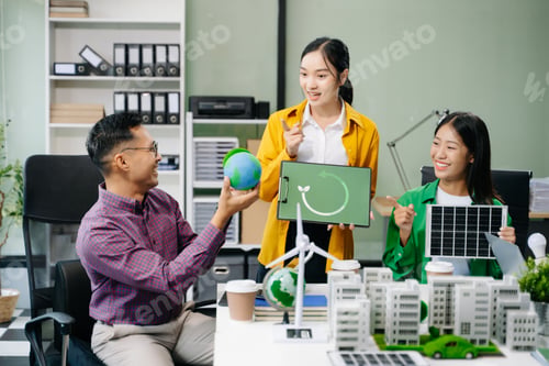 Preview: business team people planning and discussing on recycle reduce reuse policy symbol