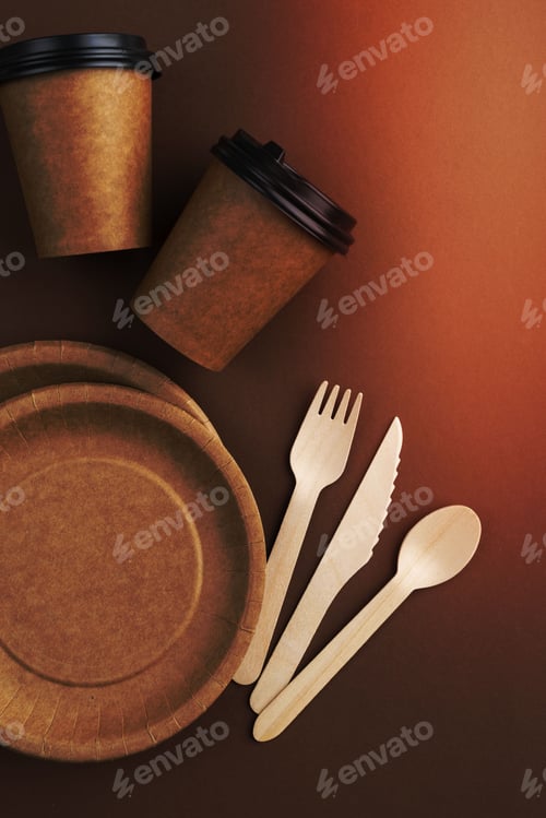 Preview: Selection of recycled paper dining utensils, including forks, a bowl, and a paper cup