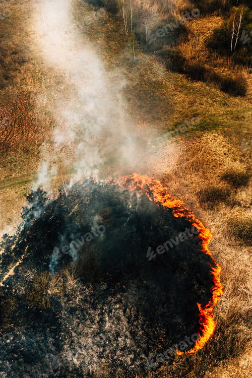 Preview: Aerial View Of Dry Grass Burns During Drought And Hot Weather. Natural Disaster. Concept Of Save