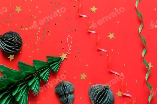 Preview: Paper Christmas toys and New Year tree Greeting card concept.