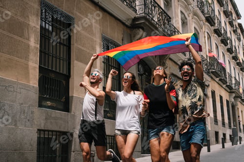 Preview: Group of friends with a flag of gay pride in the city of Madrid
