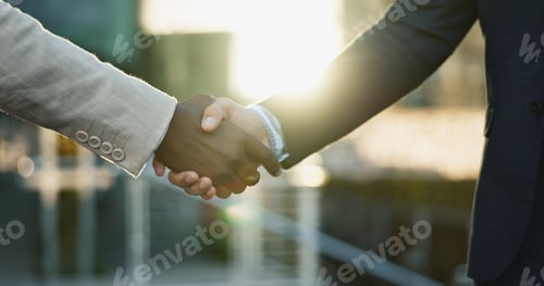 Preview: Business people, shaking hands and city meeting for b2b partnership, outdoor deal and travel succes