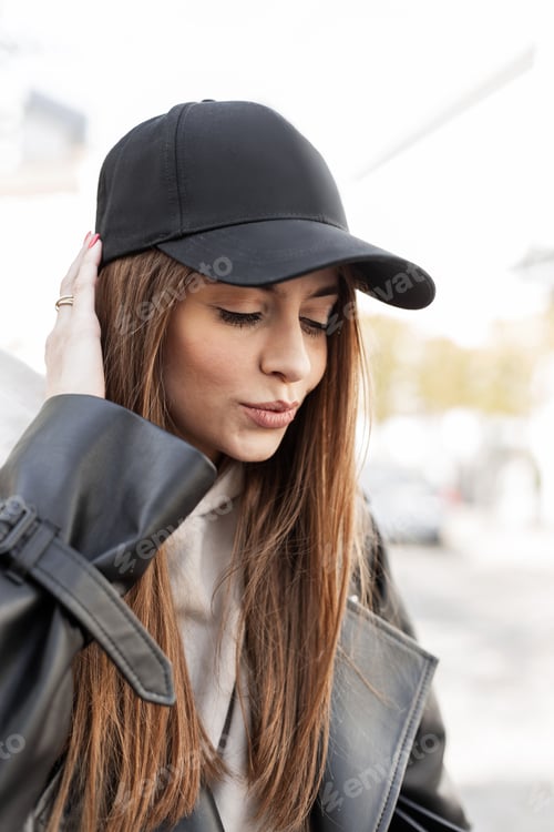 Preview: Stylish beautiful fresh woman in fashion clothes walking on a spring day