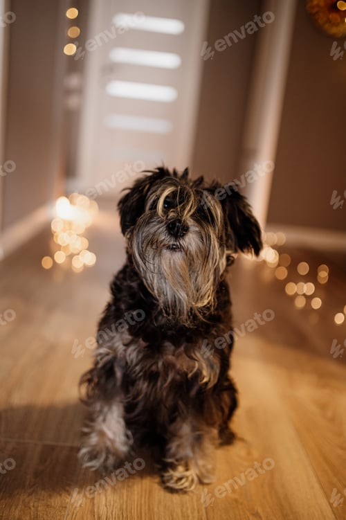 Preview: Cute little puppy of Scottish terrier is sitting on the floor