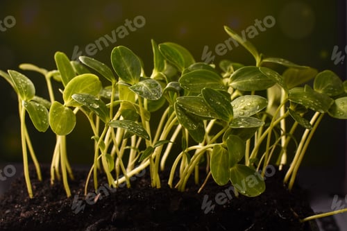 Preview: Seedlings in a low container. Seedlings of cucumbers. Drops of water on the leaves. Side view.
