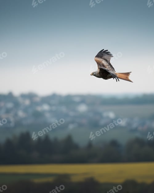 Preview: Red kite soaring close to a rural landscape with houses and fields below