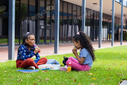Preview: Two biracial girls enjoy lunch on a sunny day in school, sitting on the grass with snacks
