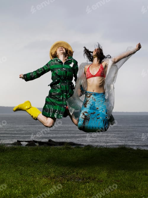 Preview: Joyful jump by the seaside under cloudy skies