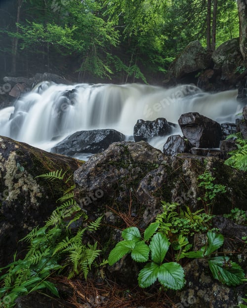Preview: Long exposure of Brooks Falls with lush green foliage in Emsdale, Ontario, Canada